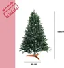 A green artificial Christmas tree with a wooden stand, shown with measurement indicators. Produktbild-Vorschau