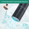 Close-up of a black faucet head with blue light, surrounded by air bubbles and text. Produktbild-Vorschau