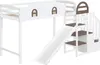 A white and brown loft bed with a slide and stairs against a white background.