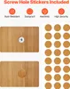 The image displays screw hole stickers and examples of their application on wooden surfaces. Voir les images du produit