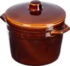 A brown ceramic pot with a lid and handles, isolated on a white background. Voir les images du produit