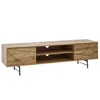 A long, low TV stand with two doors and two open shelves in the center, presented against a white background. Produktbild-Vorschau