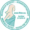 A circular seal with a silhouette of a woman and text indicating medical testing and toxin-free certification. Produktbild-Vorschau
