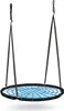 A round spiderweb swing with blue netting and a black frame, suspended by black straps. Podgląd zdjęcia produktu