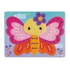 A colorful illustration of a butterfly lacing toy on a light blue background with clouds and flowers. Produktbild-Vorschau