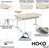 A diagram of a desk with callouts highlighting its features. Produktbild-Vorschau