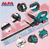A marketing image of a cordless hedge trimmer with callouts highlighting its features. Produktbild-Vorschau