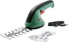 A Bosch EasyShear Akku-Strauchschere (cordless shrub shear) is shown on a white background with its accessories and charging cable. Anteprima dell’immagine prodotto