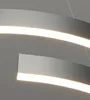 A close-up view of a modern LED pendant light fixture with curved metallic elements and integrated light strips. Produktbild-Vorschau