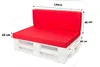 A red pallet cushion set on a white wooden pallet base, with dimensions indicated by measurement lines and text. Produktbild-Vorschau