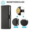A collage showing a black flip case for a phone, with close-ups of its magnetic closure mechanism and labels indicating 'Front' and 'Back'. Náhled obrázku produktu