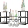 Two wall-mounted wine racks are shown, one on the left and one on the right, filled with wine bottles and wine glasses. Produktbild-Vorschau