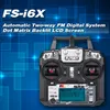 A promotional image for a Flysky FS-i6X RC transmitter, showcasing its features and design against a blue, geometric background. Produktbild-Vorschau