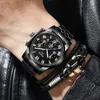 A close-up shot of a man's wrist wearing a black watch and bracelets, with a black leather jacket visible. Produktbild-Vorschau