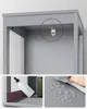 Collage showing a grey cabinet with a small metallic latch inside, a white bottle on a shelf, and a hand wiping water droplets. Náhled obrázku produktu