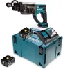 A cordless rotary hammer, two batteries, a charger, and a storage case are displayed against a white background. Voir les images du produit