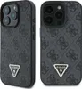 Two views of a black iPhone case with a repeating Guess logo pattern and a triangular Guess logo emblem. Podgląd zdjęcia produktu