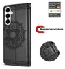 A black leather flip case for a smartphone, featuring a mandala design, with marketing text and logos. Produktbild-Vorschau