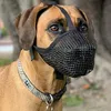 A close-up of a dog wearing a black mesh muzzle and a patterned collar, outdoors. Produktbild-Vorschau