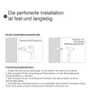 Diagrams illustrating how to install a wall clock using a drill and hammer, along with safety precautions. Produktbild-Vorschau