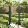A green metal garden gate is open, set within a larger fence and surrounded by manicured bushes and trees. Produktbild-Vorschau