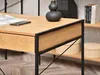 A close-up of a wooden desk with a black metal frame, showing a drawer and a decorative vase on top. Náhled obrázku produktu
