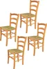 A set of four wooden chairs with woven seats, arranged on a white background.