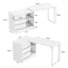 Two views of a white L-shaped desk with dimensions labeled. Voir les images du produit