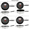 A collage of images showing different sizes of frying pans with measurement labels. Produktbild-Vorschau