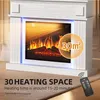 A white electric fireplace with a realistic flame effect and blue LED lighting. Text overlays highlight heating space and time, and a remote control is visible. Produktbild-Vorschau