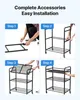A four-step visual guide demonstrating the assembly of a black metal shelving unit. Podgląd zdjęcia produktu