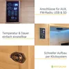 A collage of images showcasing features of an infrared sauna, including the control panel, interior lighting, and a door latch. Produktbild-Vorschau