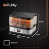 A Ruhhy food dehydrator with fruit and vegetables on display, with dimensions indicated. Náhled obrázku produktu