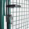A close-up view of a green metal gate with a black handle and a key in the lock. Podgląd zdjęcia produktu