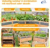 Collage of images showing a wooden raised garden bed with different plants (vegetables, herbs, strawberries) and text overlays indicating versatility and placement options. Produktbild-Vorschau