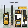 A collage of images showcasing a yellow and black walkie-talkie, with close-ups of its features and dimensions. Podgląd zdjęcia produktu