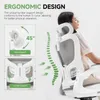 A woman is sitting in an ergonomic office chair, with diagrams highlighting the head and lumbar support features. Náhled obrázku produktu