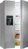 A stainless steel side-by-side refrigerator with its right door open, revealing food items inside. An ice and water dispenser is visible on the left door. Podgląd zdjęcia produktu