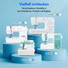 A collection of MEDION sewing machines displayed on blue pedestals against a light blue background. Produktbild-Vorschau