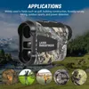 A laser rangefinder with a camouflage pattern is shown in the foreground, with various circular insets depicting its applications in golf, outdoor sports, and hunting. The background features a scenic landscape with mountains, a river, and trees. Produktbild-Vorschau