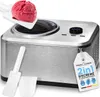 A stainless steel ice cream and yogurt maker with a scoop of pink ice cream on a spatula being placed into the machine. Accessories and a product tag are also visible. Náhled obrázku produktu