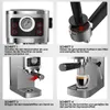 A collage of four images showing the steps to operate an espresso machine. Náhled obrázku produktu