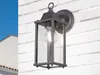 An outdoor wall lantern mounted on a white brick wall, with a blue sky and part of a building in the background. Voir les images du produit