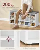 A person is tying their shoes while sitting on a shoe rack with a cushioned top. The shoe rack has multiple compartments filled with shoes. Two close-up insets show details of the shoe rack's construction. Produktbild-Vorschau