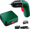 A Bosch IXO 6 Classic screwdriver set is displayed against a white background, including the screwdriver, a storage case, a set of bits, and a charger with cable. Produktbild-Vorschau
