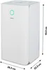 A white Medion dehumidifier is shown in a studio shot with dimensions indicated. Produktbild-Vorschau