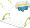 Collage of images showing a white and green clothes drying rack with green handles, in different configurations and contexts. Produktbild-Vorschau