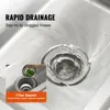 A close-up of a stainless steel sink drain with water swirling down it, and a small inset image showing a filter basket being used. Produktbild-Vorschau