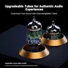 Two vacuum tubes are displayed on golden stands against a black background, with marketing text above. Produktbild-Vorschau