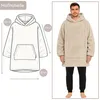 A diagram of a hoodie blanket with measurements and a person wearing the hoodie blanket. Produktbild-Vorschau